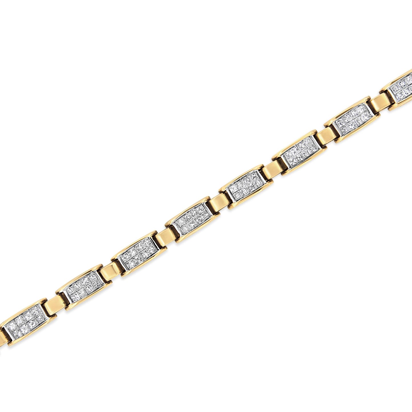 Yellow metal bracelet with rectangular links featuring white square-shaped gemstones in an invisible setting, shown from an angled top-down view.