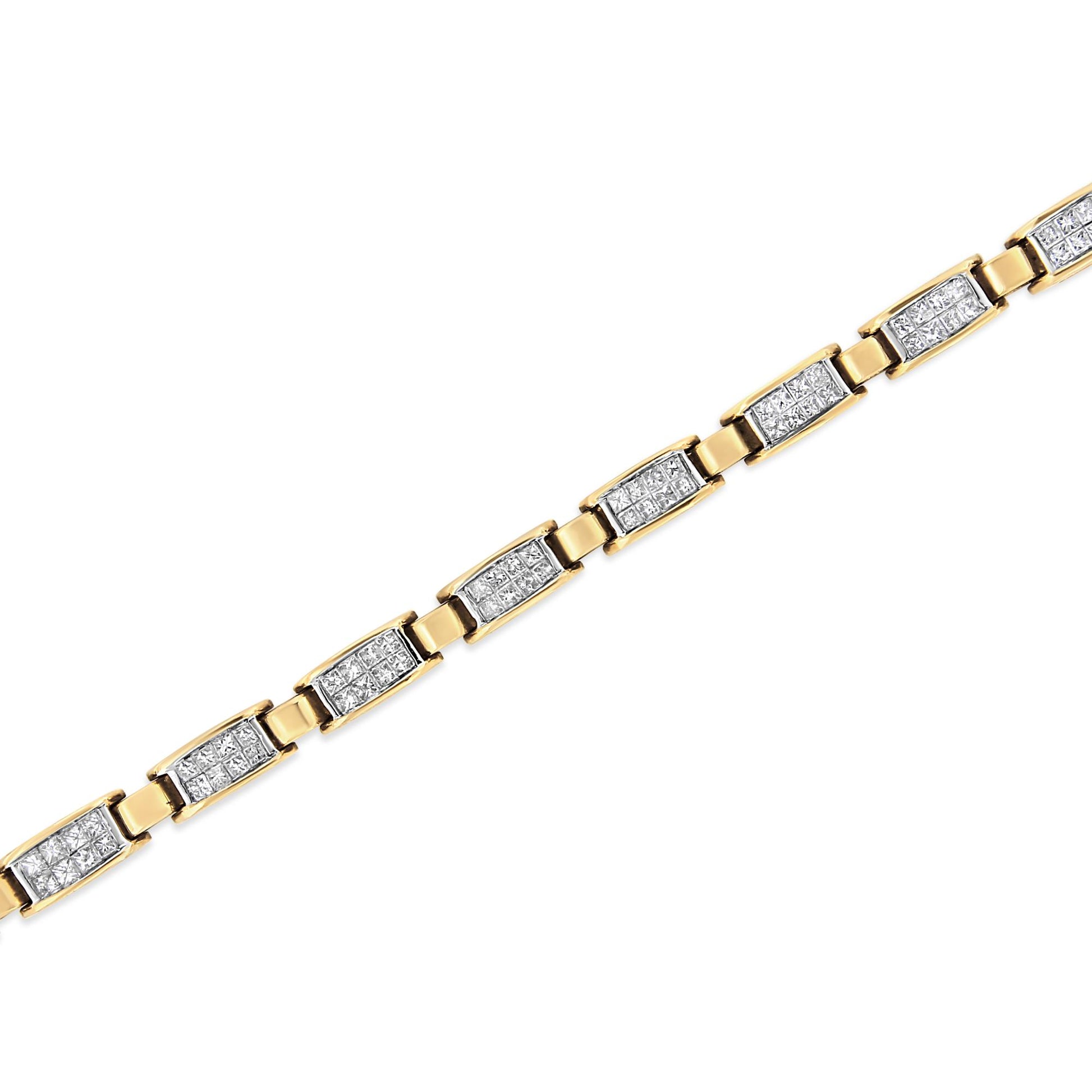 Yellow metal bracelet with rectangular links featuring white square-shaped gemstones in an invisible setting, shown from an angled top-down view.