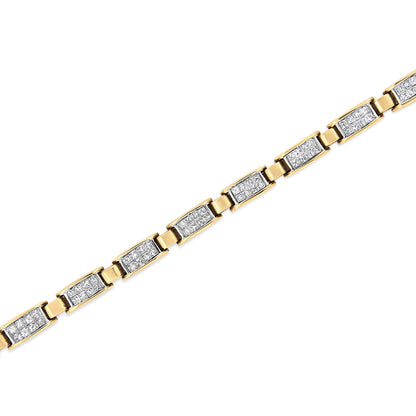 Yellow metal bracelet with rectangular links featuring white square-shaped gemstones in an invisible setting, shown from an angled top-down view.