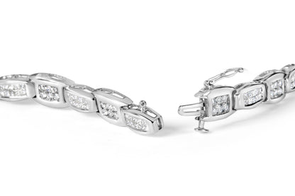 Close-up image of a white metal bracelet with sections featuring round white gemstones in prong settings and princess-shaped white gemstones in invisible settings, shown from a slightly angled top view with the clasp open.