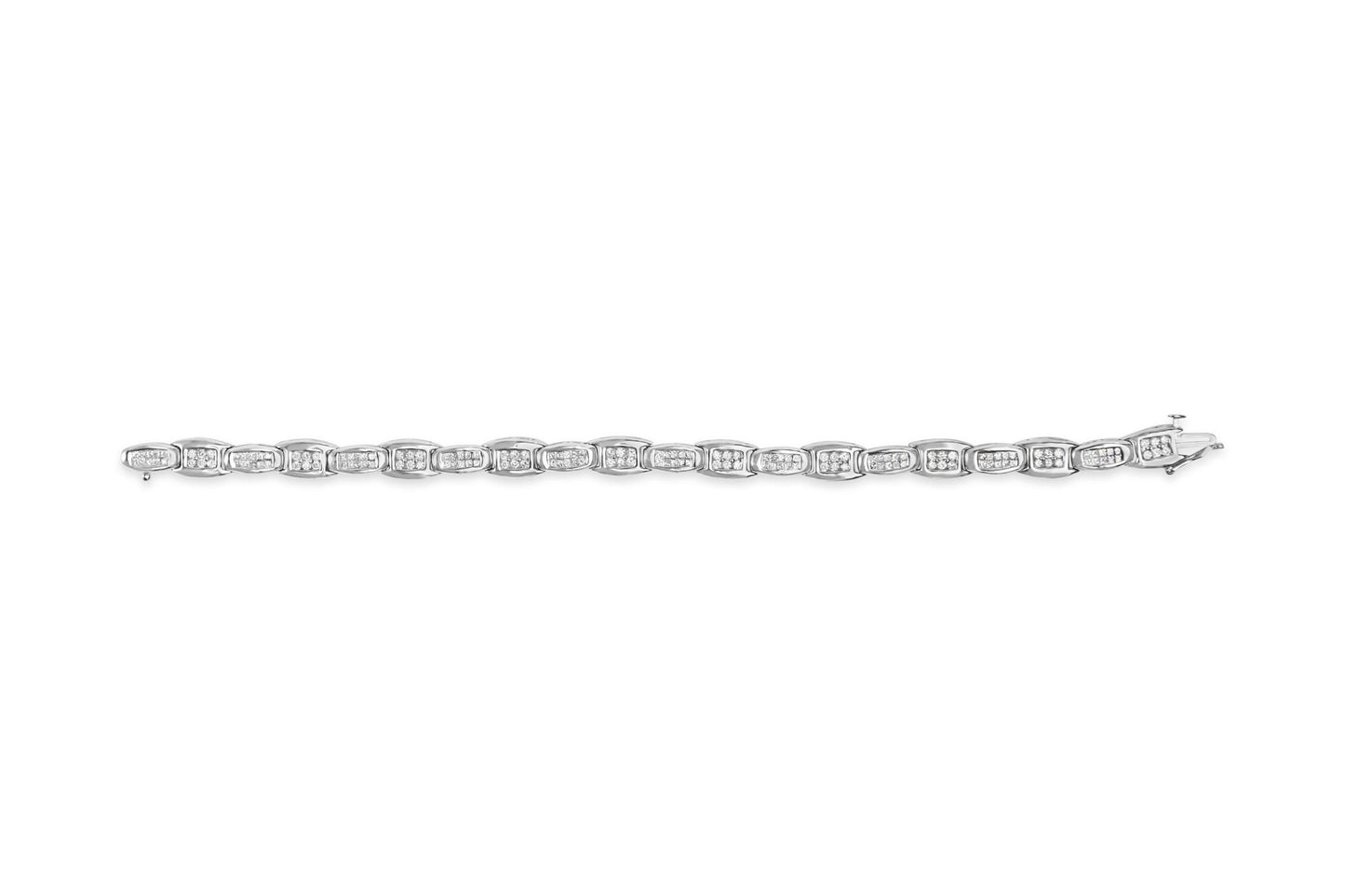 Straight-on shot of a white metal bracelet with alternating rectangular links set with white round gemstones in prong settings and square sections featuring white square gemstones in invisible settings.