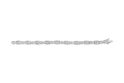 Straight-on shot of a white metal bracelet with alternating rectangular links set with white round gemstones in prong settings and square sections featuring white square gemstones in invisible settings.