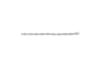 White metal bracelet with alternating sections featuring round white gemstones in prong settings and princess-shaped white gemstones in invisible settings, shown from a top-down angle on a white background.