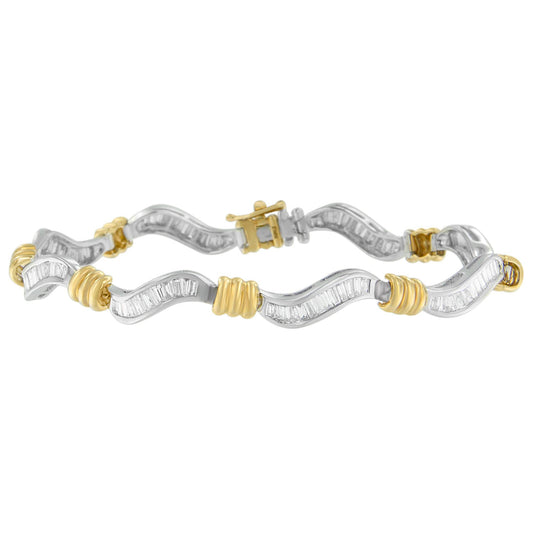 Bracelet with two-toned metal featuring wavy links and channel-set white baguette-shaped gemstones, shown in a front angled view.