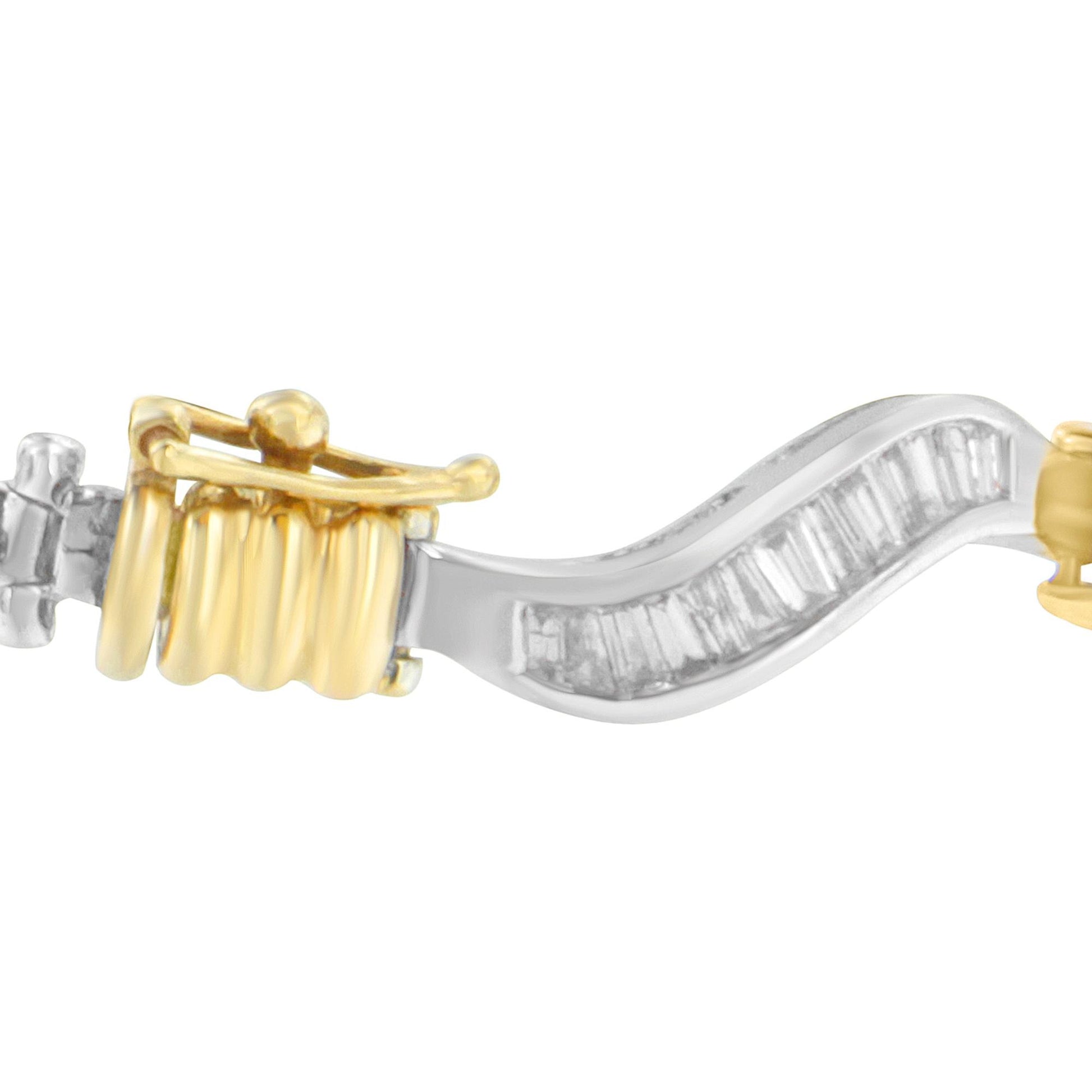 Close-up side angle of a two-toned bracelet featuring a wavy design with channel-set, baguette-shaped white gemstones.