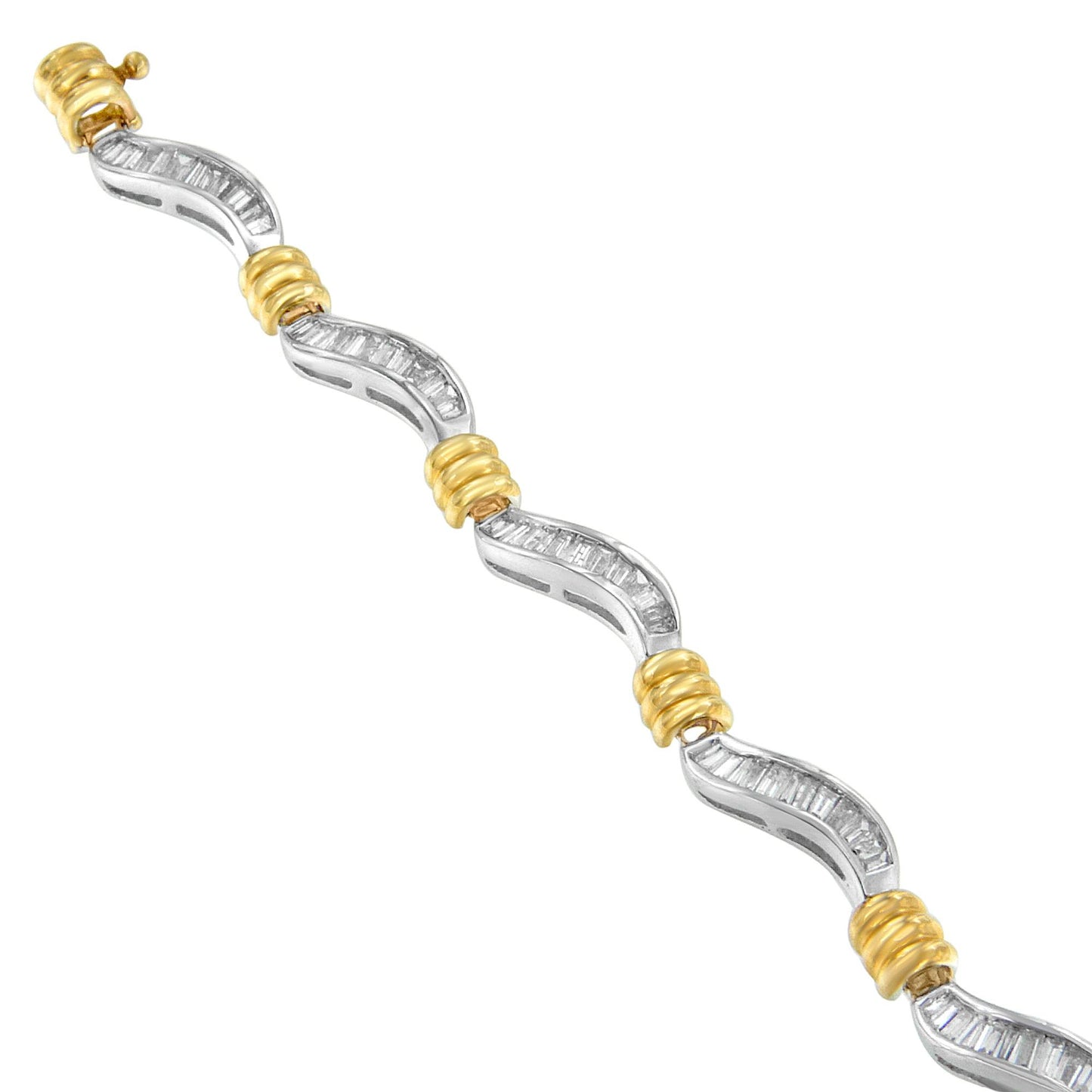 Two-toned bracelet with wave-shaped segments featuring channel-set white baguette gemstones, shot from a diagonal top angle.