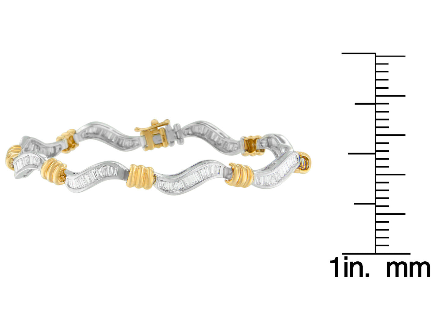 Two-toned bracelet with wavy links set with white baguette-shaped gemstones in channel setting, shown at side angle on a ruler for size reference.