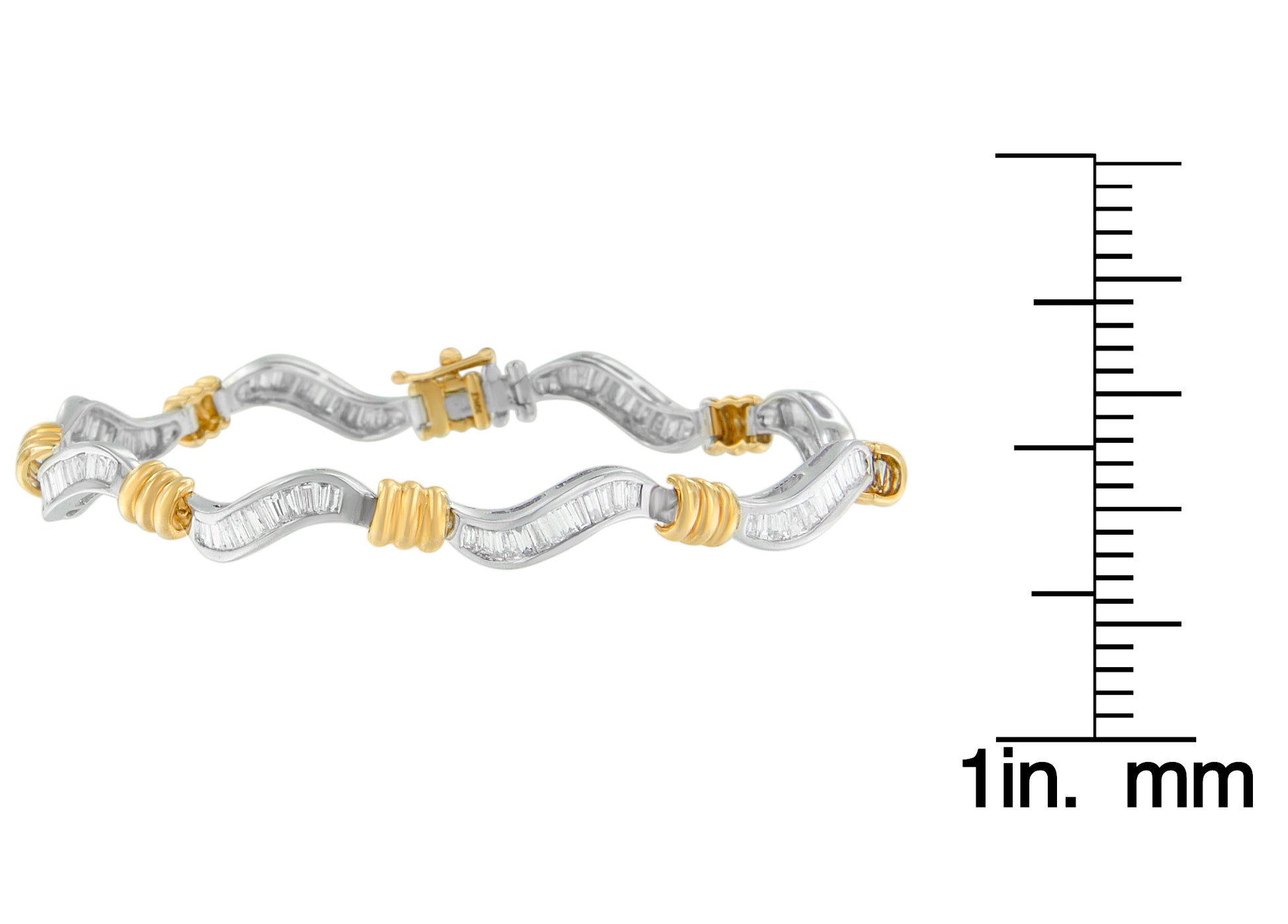 Two-toned bracelet with wavy links set with white baguette-shaped gemstones in channel setting, shown at side angle on a ruler for size reference.