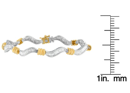 Two-toned bracelet with wavy links set with white baguette-shaped gemstones in channel setting, shown at side angle on a ruler for size reference.