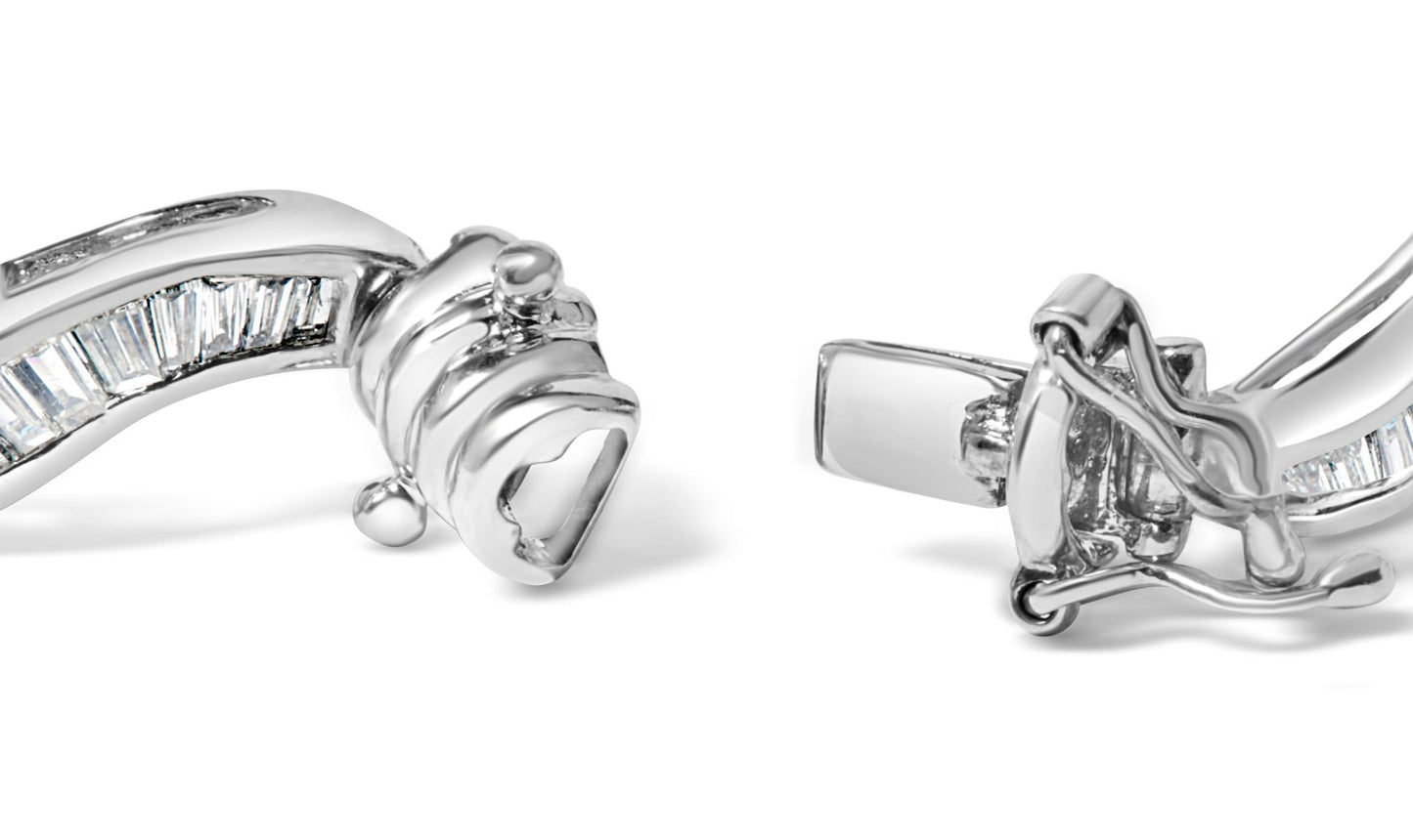 Close-up angled view of a white metal bracelet featuring baguette-shaped white gemstones set in a channel setting, showing the clasp mechanism.