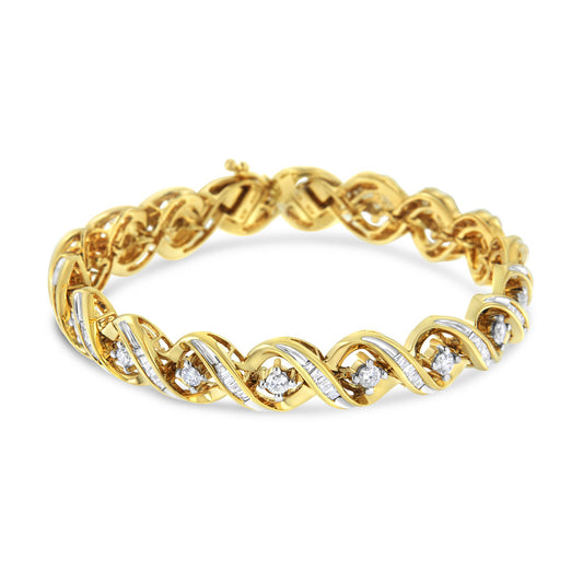 Yellow metal bracelet with a twisted design, featuring round prong-set white gemstones and channel-set baguette white gemstones, shown at an angled close-up shot.