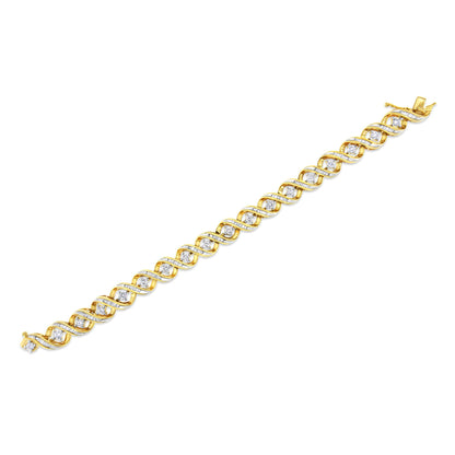 Top-down view of a yellow bracelet featuring alternating round white gemstones in prong settings and baguette white gemstones in channel settings.