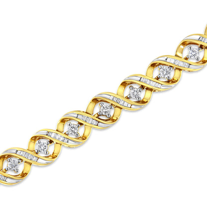 Diagonal close-up of a yellow metal bracelet featuring alternating round prong-set white gemstones and channel-set baguette white gemstones in a twisted design.