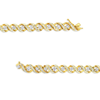 Close-up front view of a yellow bracelet with intertwined design, featuring white round prong-set gemstones and channel-set baguette-shaped gemstones, shown flat on a white background.