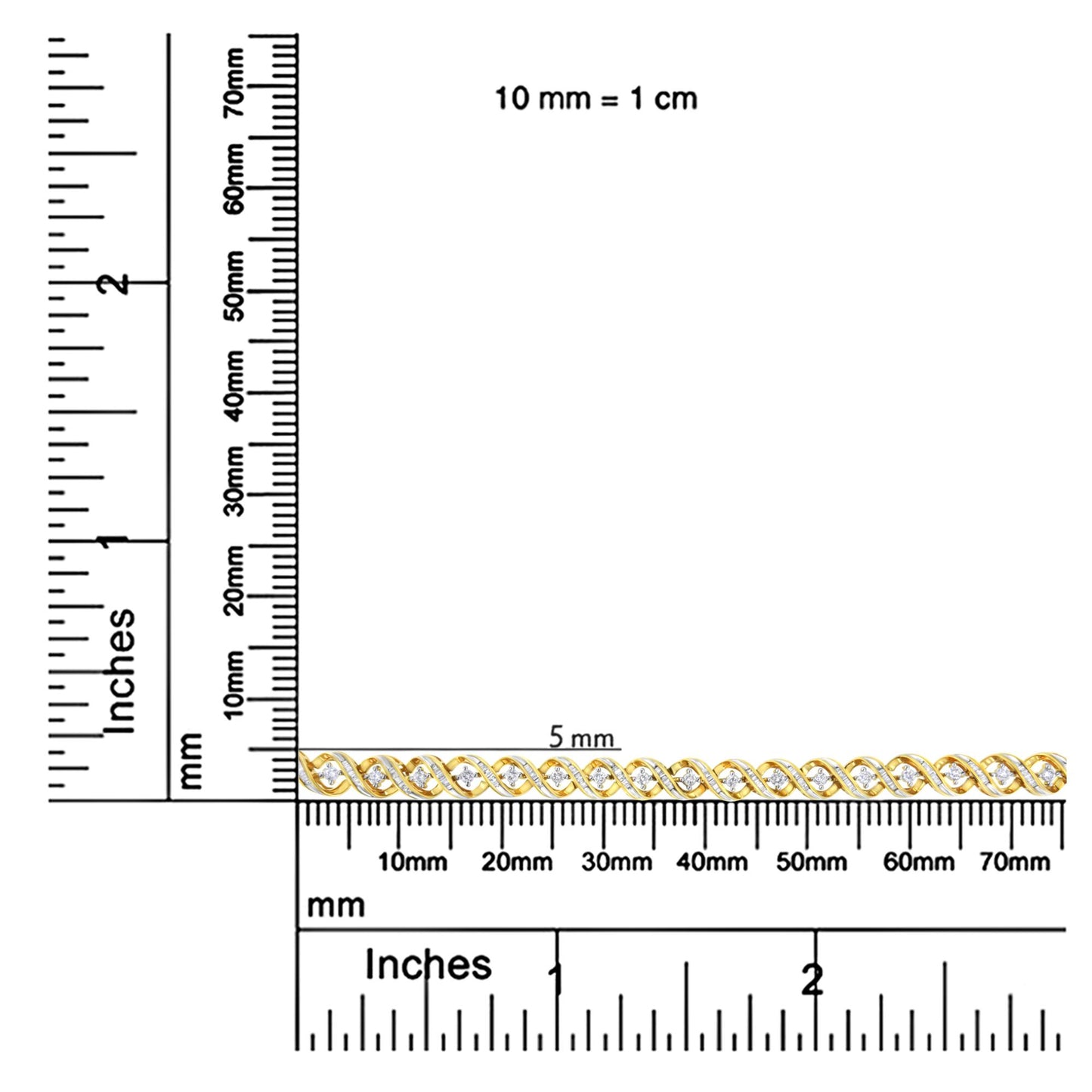 Yellow metal bracelet with alternating round prong-set white gemstones and channel-set baguette white gemstones, displayed flat on a ruler for size reference, shot from a top-down angle.