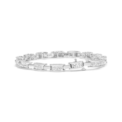 White metal bracelet with rectangular links featuring white princess-shaped gemstones in an invisible setting, shown in a close-up front angle shot.