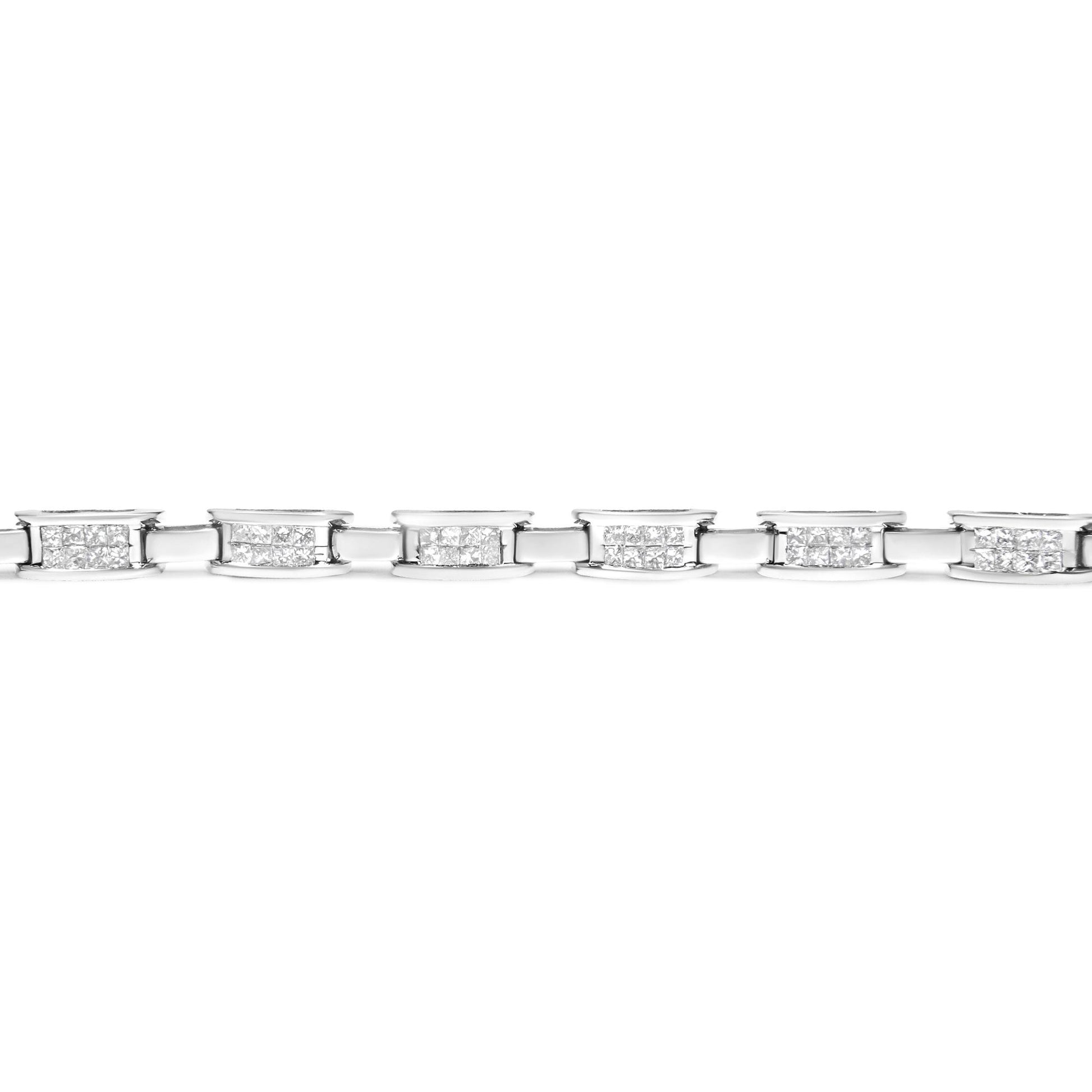 Close-up front view of a white bracelet with rectangular links, each set with multiple white princess-shaped gemstones in an invisible setting.