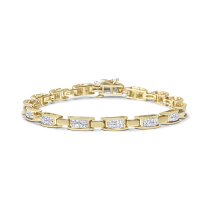 Yellow metal bracelet with rectangular links featuring clusters of white gemstones in an invisible setting, shown from a front angle on a white background.