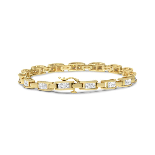 Yellow metal bracelet with rectangular links set with white gemstones in invisible setting, shown from front angle on white background.