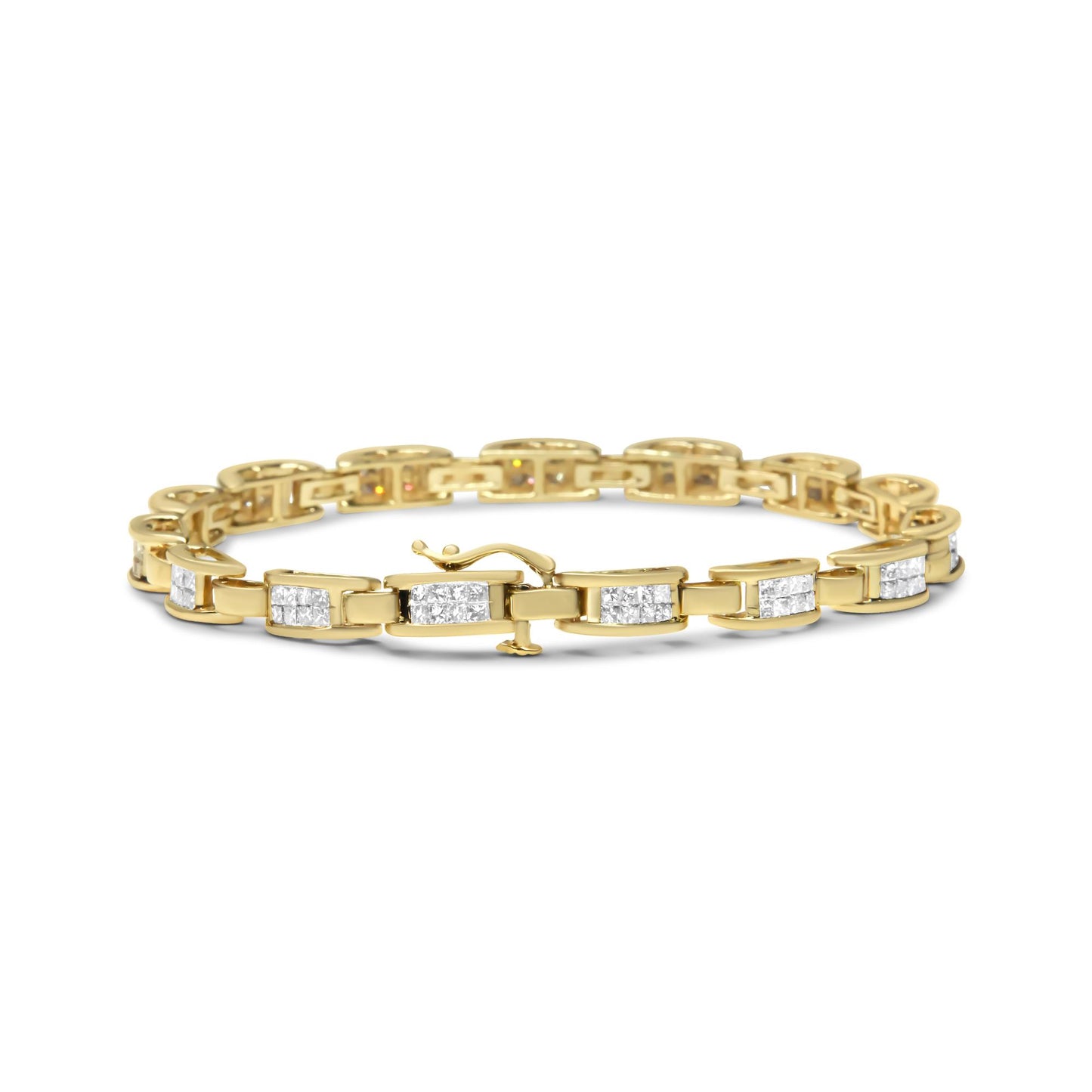 Yellow metal bracelet with rectangular links set with white gemstones in invisible setting, shown from front angle on white background.