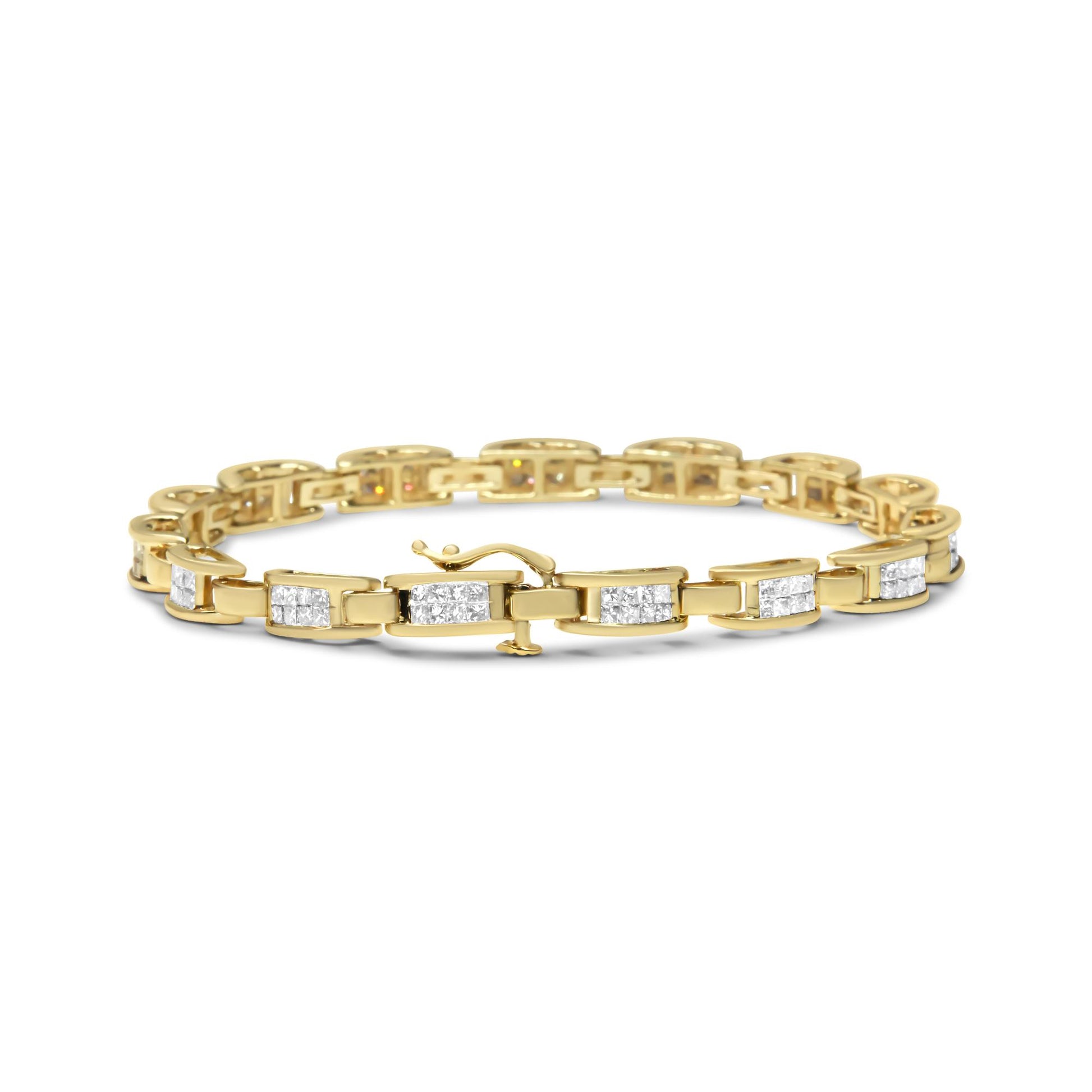 Yellow metal bracelet with rectangular links set with white gemstones in invisible setting, shown from front angle on white background.