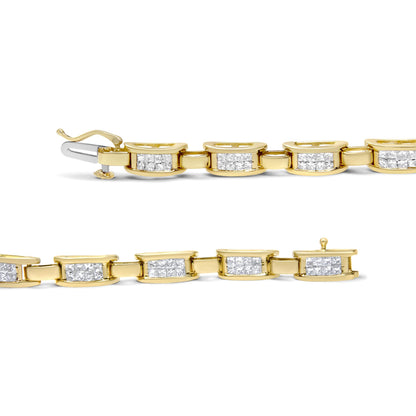 Close-up side view of a yellow bracelet with rectangular links each set with square white gemstones in an invisible setting.