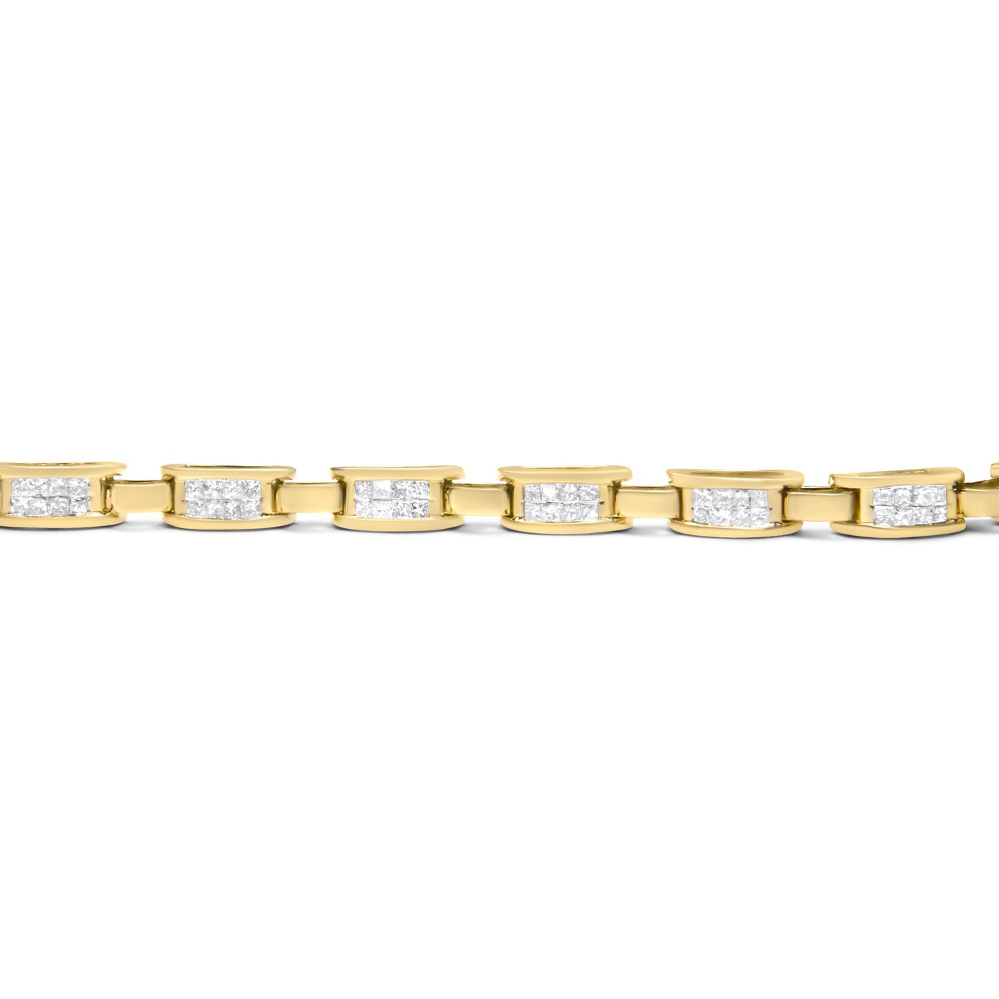 Close-up side view of a yellow metal link bracelet featuring rectangular links set with multiple white princess-shaped gemstones in an invisible setting.