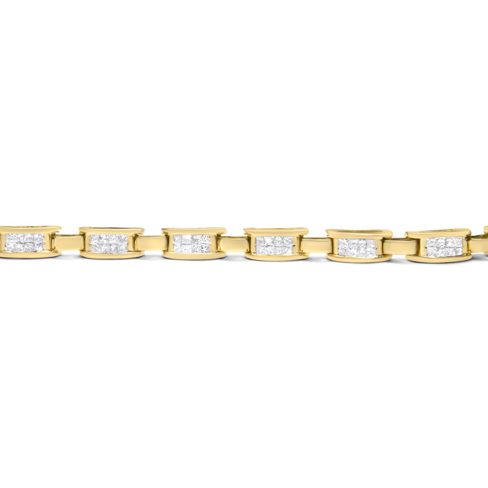 Close-up side view of a yellow metal link bracelet featuring rectangular links set with multiple white princess-shaped gemstones in an invisible setting.