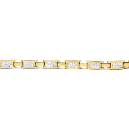 Close-up side view of a yellow metal link bracelet featuring rectangular links set with multiple white princess-shaped gemstones in an invisible setting.