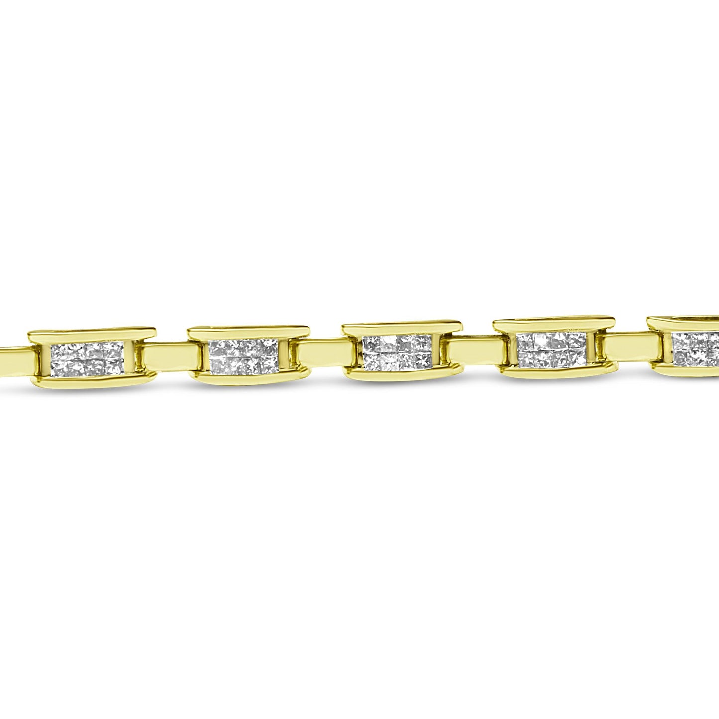 Close-up front view of a yellow metal bracelet with rectangular links featuring clusters of white princess-shaped gemstones in an invisible setting.