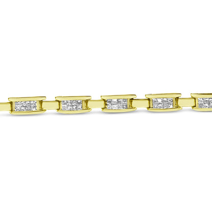 Close-up front view of a yellow metal bracelet with rectangular links featuring clusters of white princess-shaped gemstones in an invisible setting.