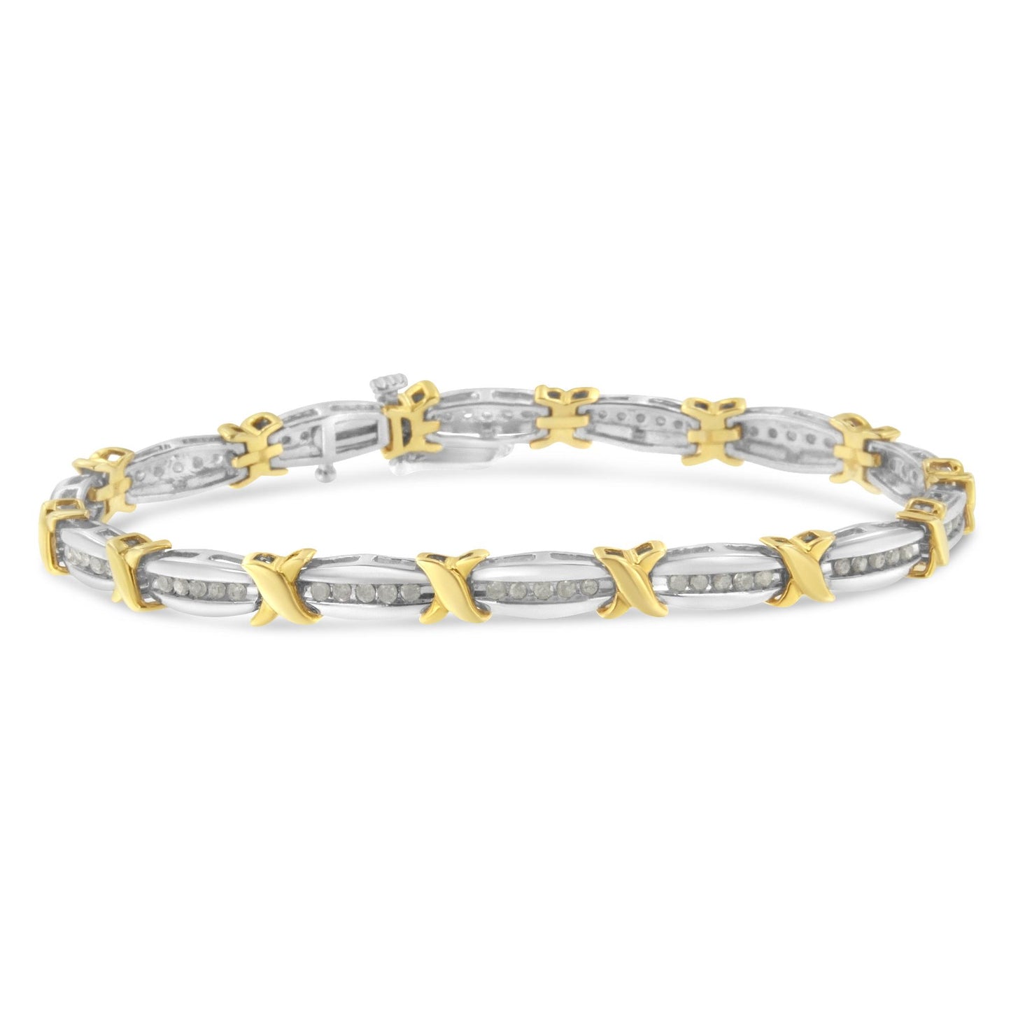Close-up front angle of a two-tone bracelet with alternating yellow and white metal links featuring round white gemstones set in a channel setting.