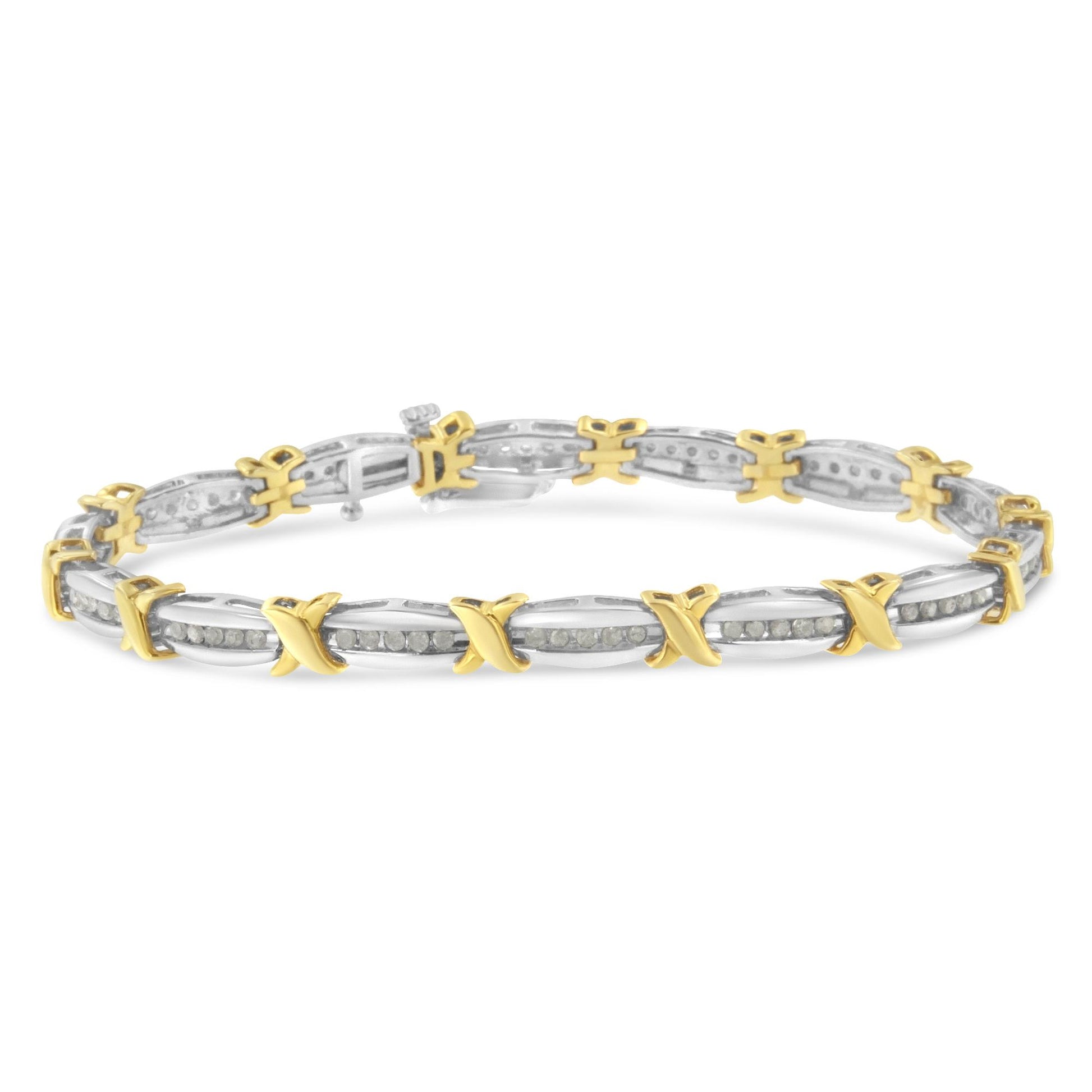 Close-up front angle of a two-tone bracelet with alternating yellow and white metal links featuring round white gemstones set in a channel setting.