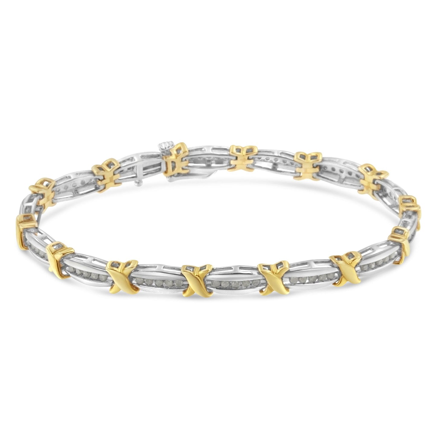 Yellow and white bracelet with round white gemstones in a channel setting and gold X-shaped accents, shown at a slight top angle.