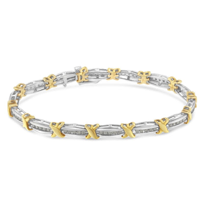 Yellow and white bracelet with round white gemstones in a channel setting and gold X-shaped accents, shown at a slight top angle.