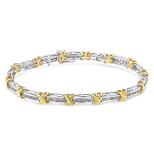 Yellow and white bracelet with round white gemstones in a channel setting and gold X-shaped accents, shown at a slight top angle.