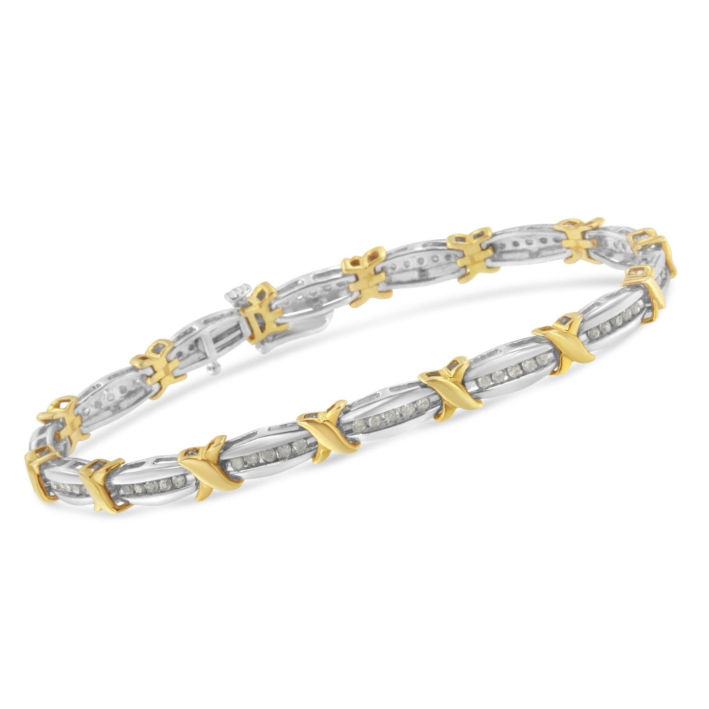 Bracelet with white and yellow metal links featuring channel-set round white gemstones, shown in a slight top angle view.