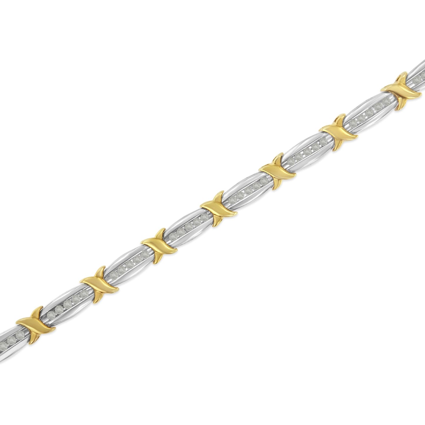 Diagonal close-up of a bracelet with alternating yellow and white metal links, each white metal section set with white round gemstones in a channel setting.