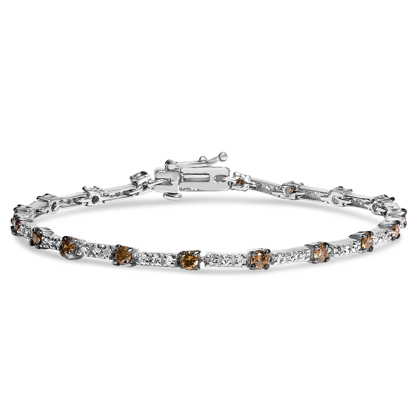 White metal bracelet with alternating white and champagne round gemstones in prong settings, shown in a front angled view.