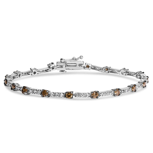 White metal bracelet with alternating white and champagne round gemstones in prong settings, shown in a front angled view.