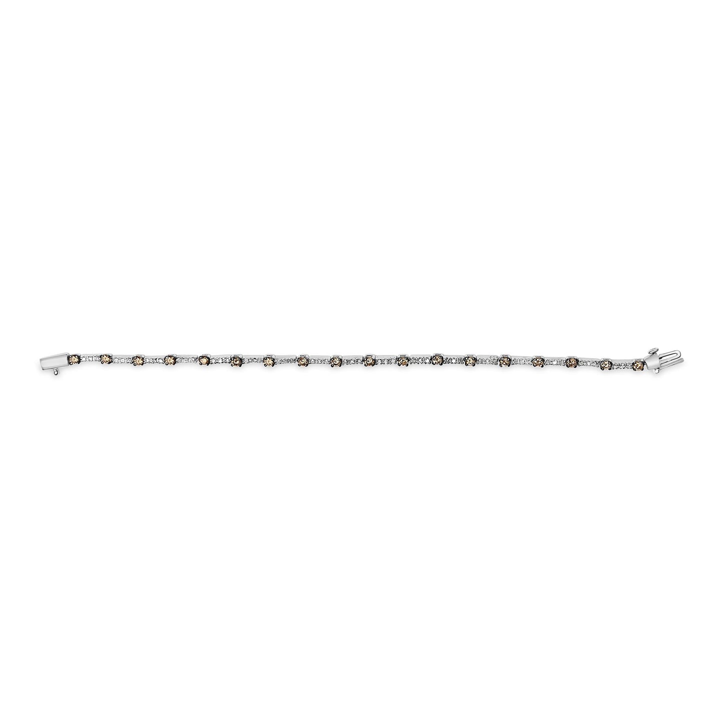 White metal bracelet with alternating round champagne and white gemstones in prong settings, shown from a top flat lay angle.