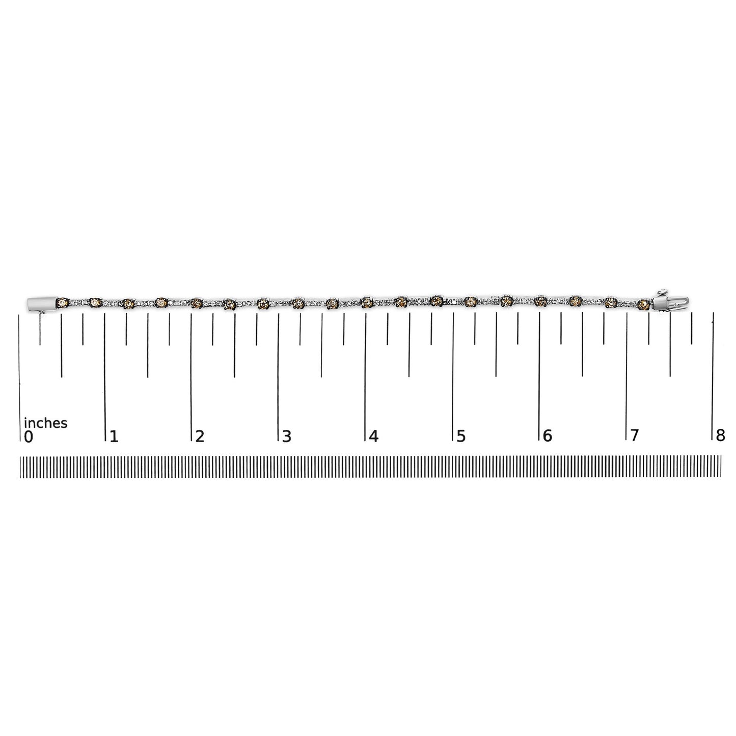 White metal bracelet with alternating white and champagne round gemstones in prong settings, laid flat on a ruler for size reference, top-down view.