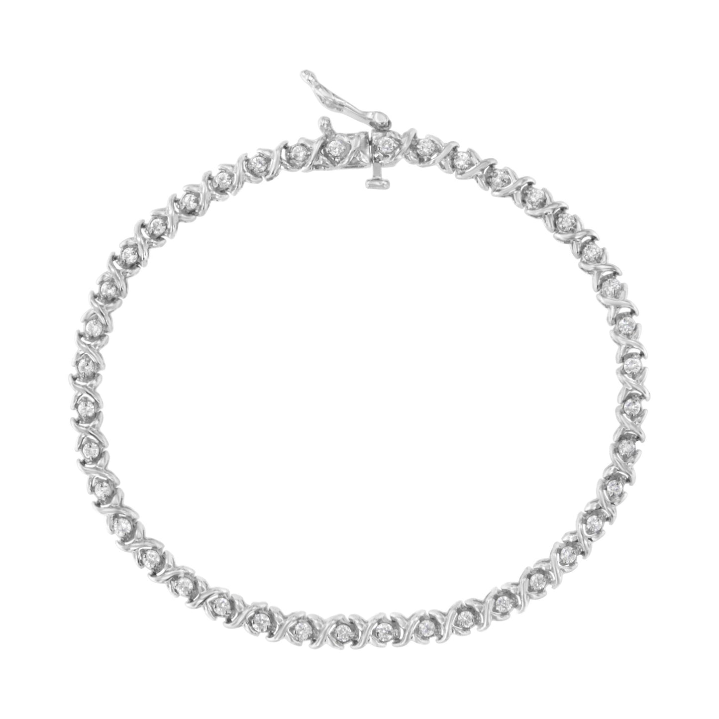Top-down view of a white metal bracelet with round white gemstones in prong settings forming a continuous loop.