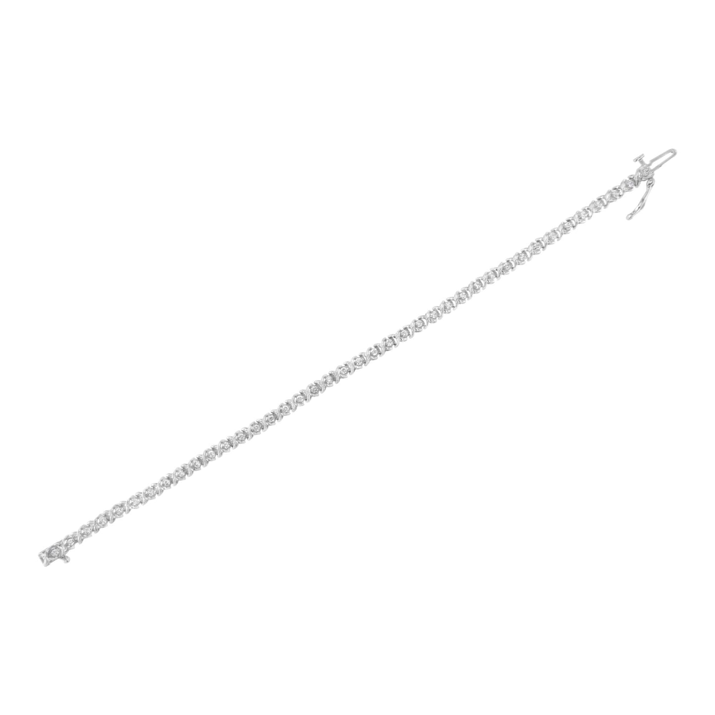 White metal bracelet with round white gemstones in prong settings, shown flat on a white background from a top angle.