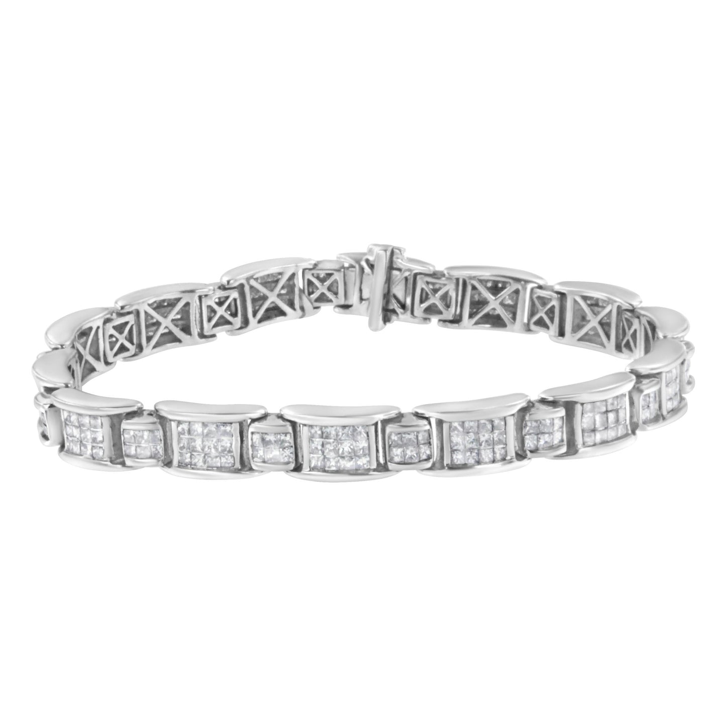White metal bracelet with channel-set princess-shaped white gemstones, front angled view.