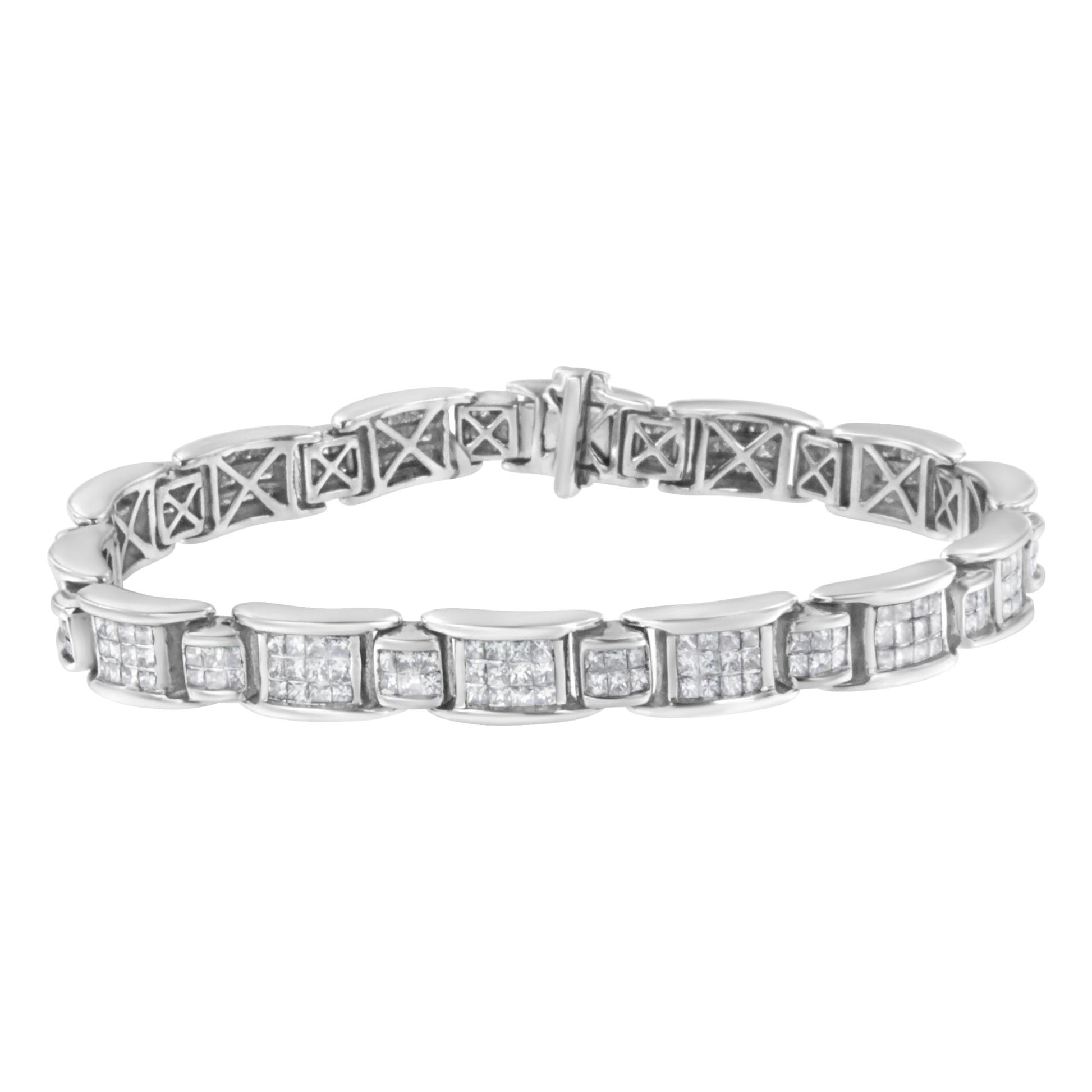 White metal bracelet with channel-set princess-shaped white gemstones, front angled view.
