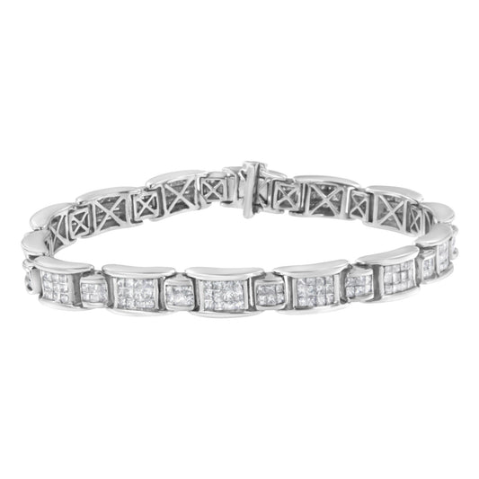 White metal bracelet with channel-set princess-shaped white gemstones, front angled view.