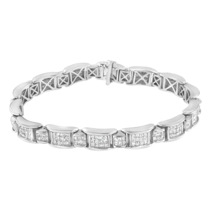 White metal bracelet with rectangular links featuring clusters of white gemstones in channel settings, shown in a front-facing angle.