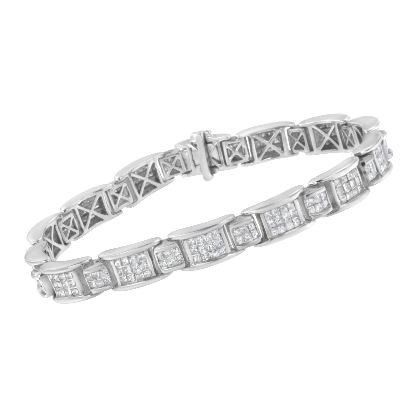 White metal bracelet with channel-set square white gemstones, shown at a slight angle.