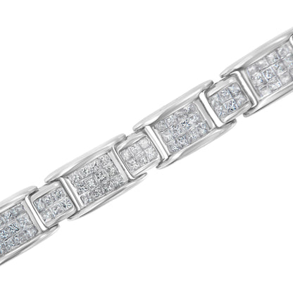 Diagonal close-up of a white metal bracelet with multiple square links, each set with channel-set white princess-shaped gemstones.